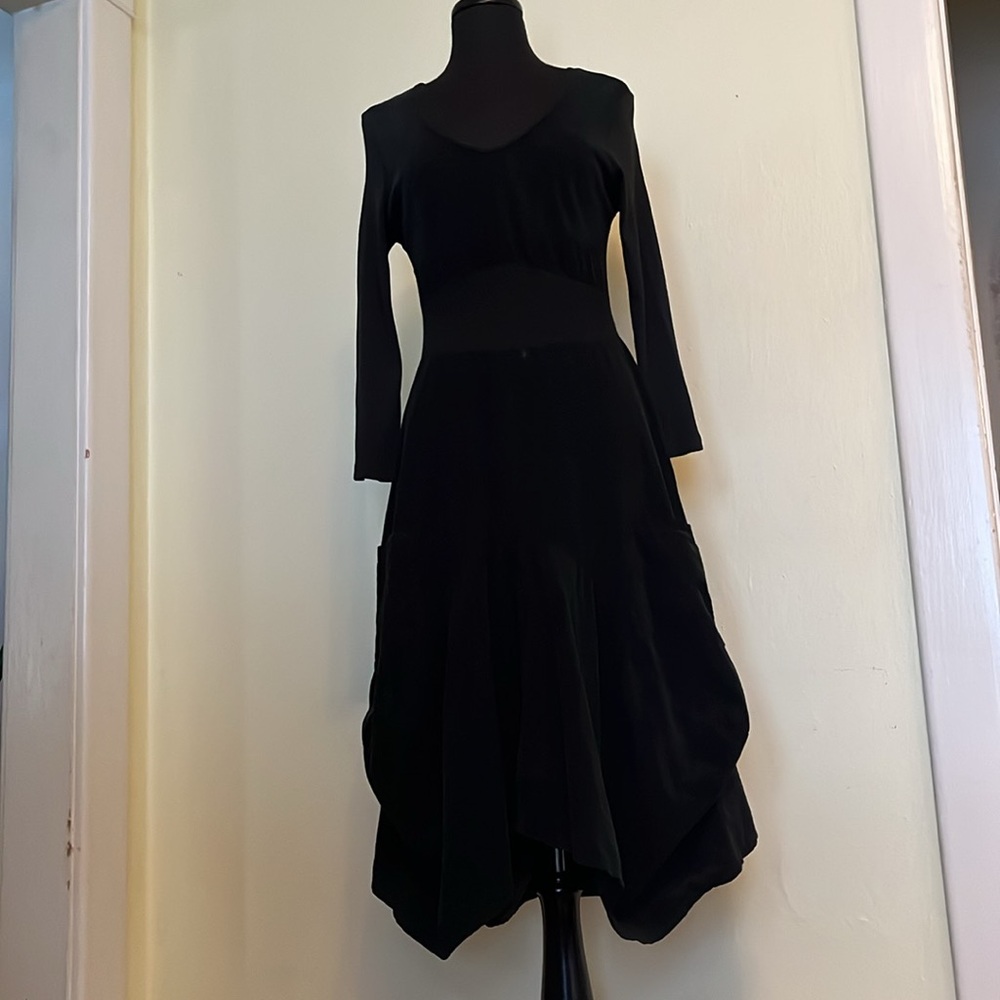 ONZ Italy Black Corduroy Midi Bubble Dress, Lagenlook, Large